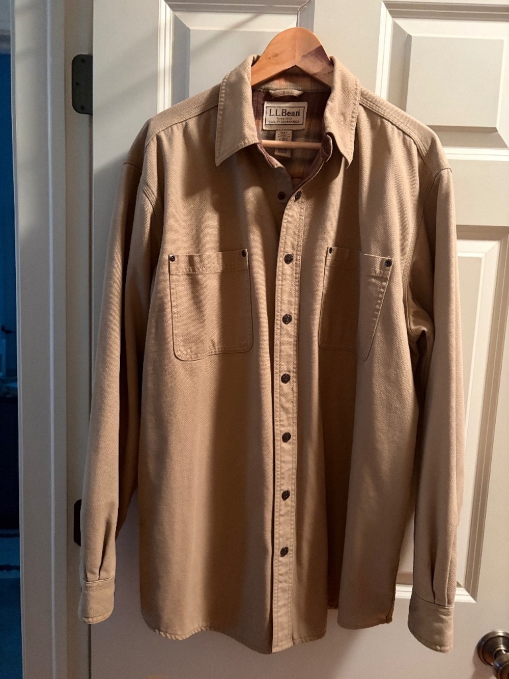 LL Bean Vintage Mens Canvas Tan Shirt Jacket Size LARGE